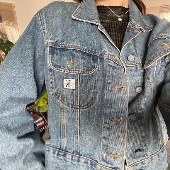 90s Vintage Calvin Klein Jeans Cropped Denim Jean Jacket SZ L - Picture 2 of 3